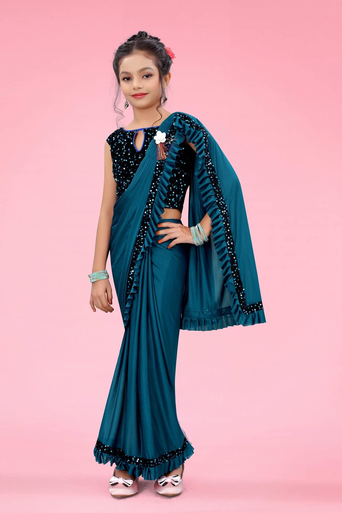 Dhyey fashion Girls Lycra Blend Ruffle Pattern Saree With Velvet Unstitched Blouse Piece - Image 4 thumbnail