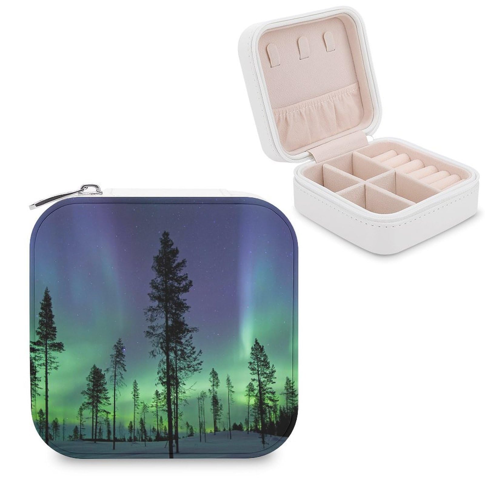 Boîte à bijoux portable en cuir synthétique Northern Lights avec séparateurs