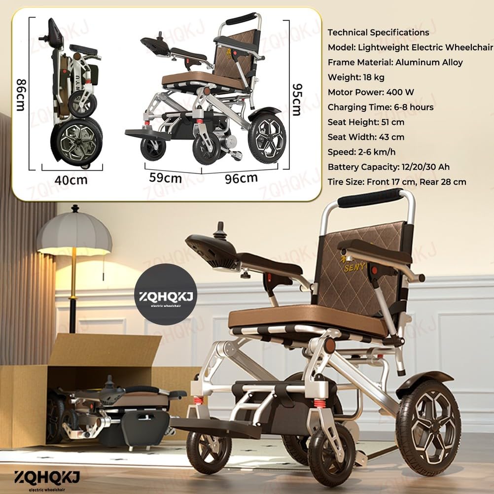 Sedia a rotelle elettrica pieghevole, ultraleggera 18 kg, batteria al litio rimovibile da 12/20/30 Ah fino a 45 km, motore 400 W, sospensioni telecomandate, pneumatici antiforatura, capacità di