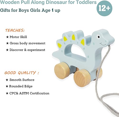 Miniatura 2 de Coche de juguetes para bebé, juguete de madera para niños pequeños, juguete de desarrollo para niñas de 1 año, regalo de cumpleaños (dinosaurio)