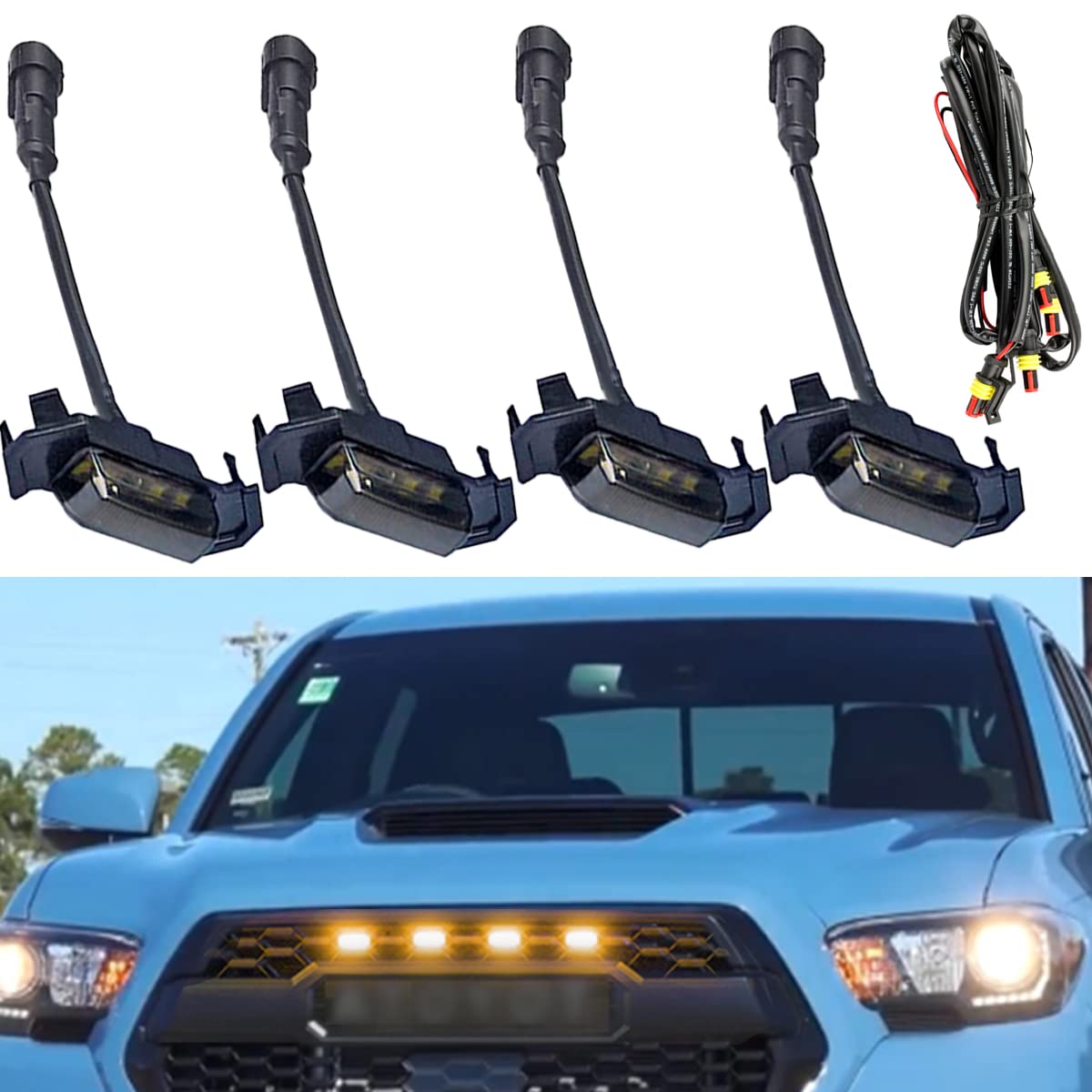 IMNGBL 4pc Set Smoked Lens Front Grille Lighting Kit Compatible for TOYOTA TACOMA TRD PRO 2016 2017 2018 Grill ONLY, Includes (4) 4-SMD 2500K Amber LED Light Assy & Wiring Harness