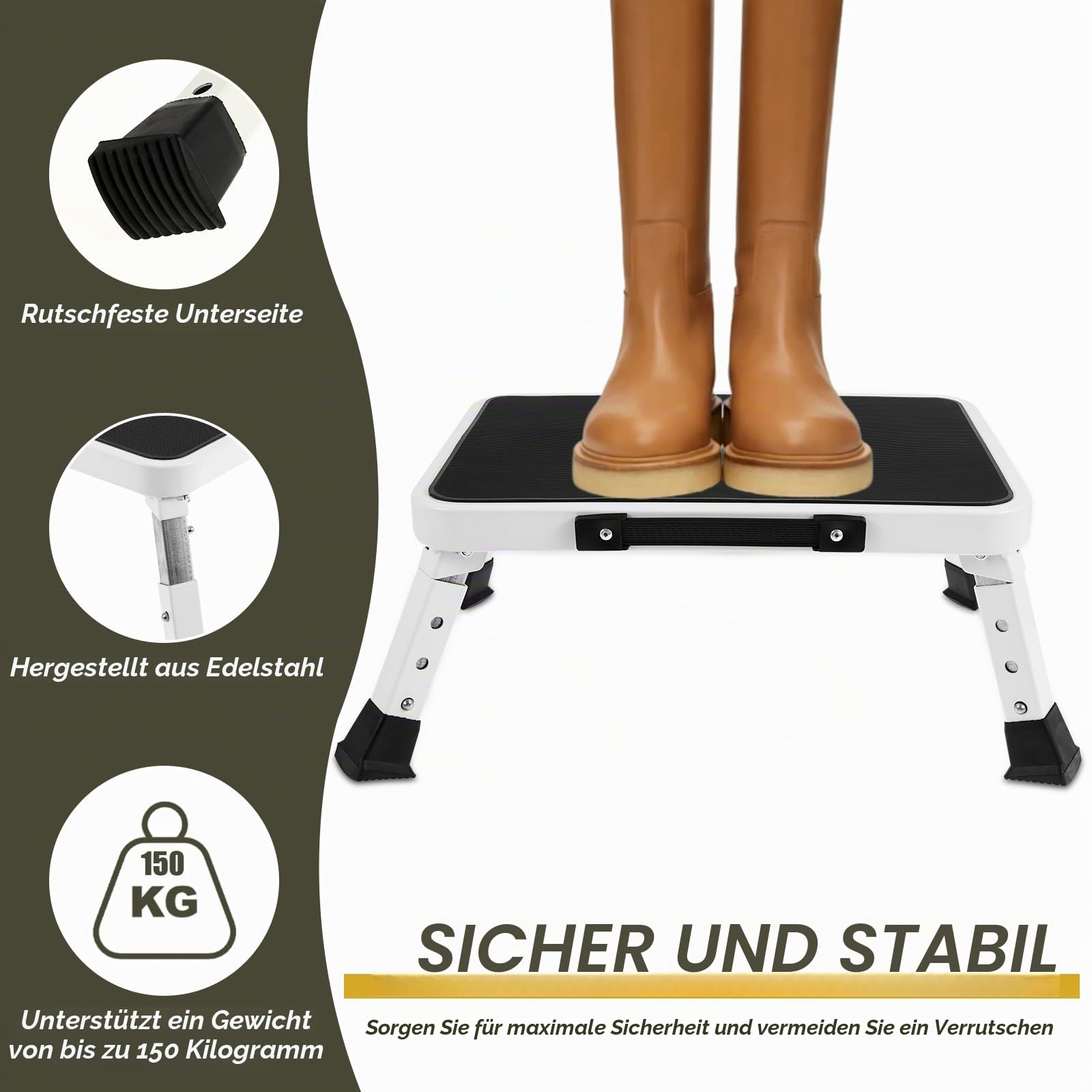 3-stufig Höhenverstellbarer Tritthocker Klappbar, bis zu 150 kg, Klapptritt Faltbar mit Rutschfester Gummifüßen, Tragbarer Trittstufe Klappbar für Erwachsene, Senioren, Kinder, Küche, Büro