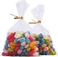 Vista 11 de Wowfit 100 bolsas de celofán plano transparente de 5 x 7 pulgadas con lazos dorados de 4 pulgadas, embalaje de celofán para donas, galletas, dulces