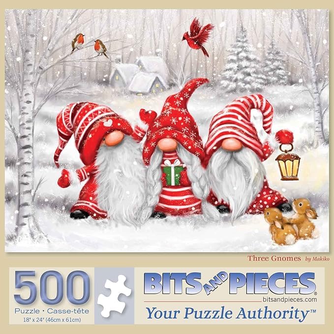 Rompecabezas de 500 piezas para adultos de Bits and Pieces: Tres duendes en Navidad, arte de Makiko, tamaño final 18" x 24" miniatura 1