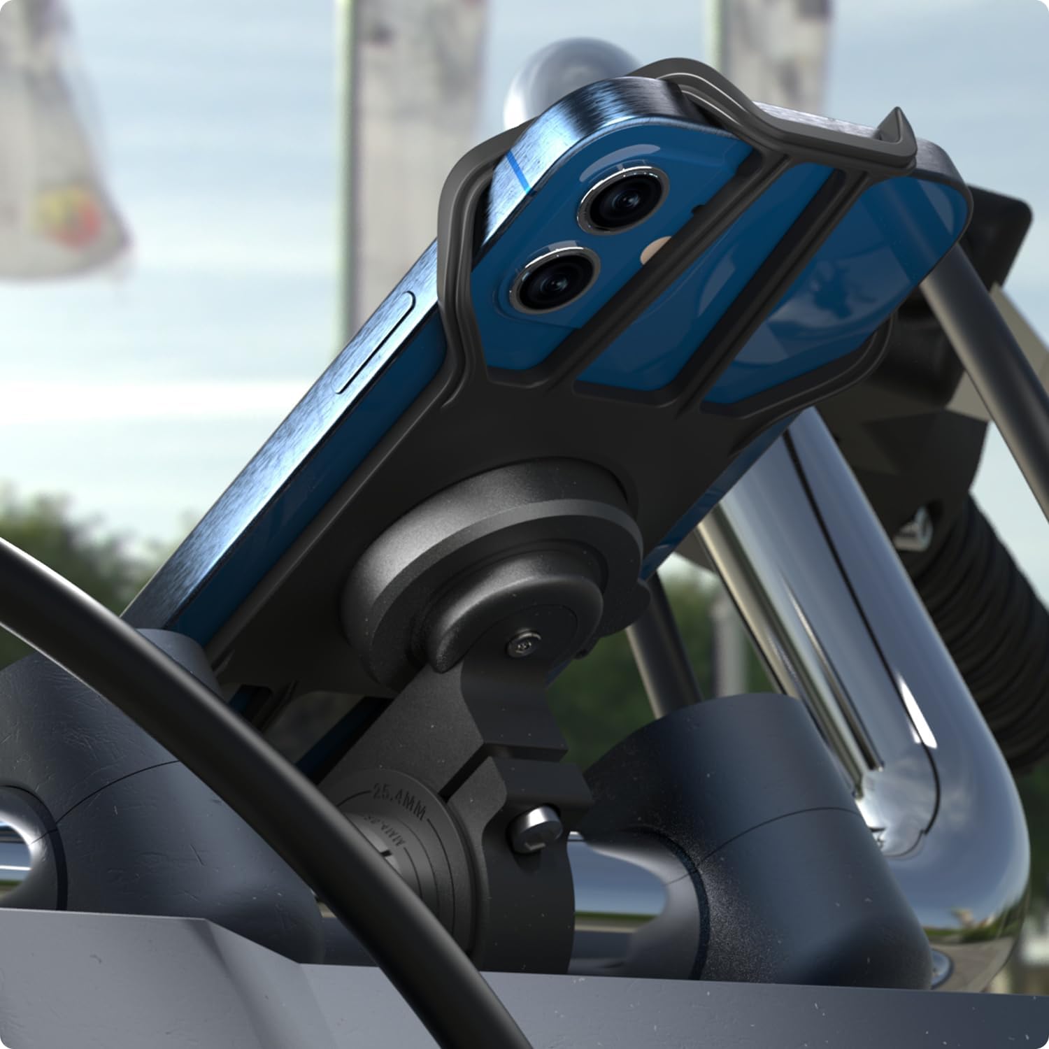 Bike Handlebar Phone Mount with Shockproof Silicone Grip – Quick-Lock Aluminum Out-Front Holder with Quad Safety Buckles & Elastic Strap, Fits 4.0”–6.7” Phones – Secure Fit for Road & Urban Rides