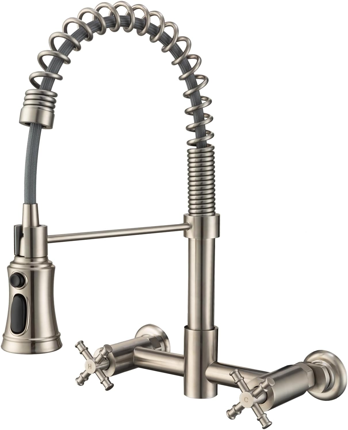 Wall Mount Kitchen Faucet, 8 Inch Center Wall Mount Faucet with Pull Down Sprayer, Commercial Spring Wall Faucet for Kitchen Sink, 3 Functions, Dual Handle, 304 Stainless Steel, Brushed Nickel