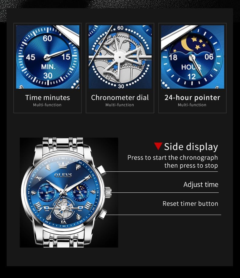 OLEVS Watches for Men Dress Watch Chronograph Luxury Stainless Steel Big Face Men Watches Multi-Function Easy to Read Diamond Roman Numerals Business Wristwatch Reloj para Hombre Silver Band Blue Face image 8 of 8 B0DSL1ZNP7