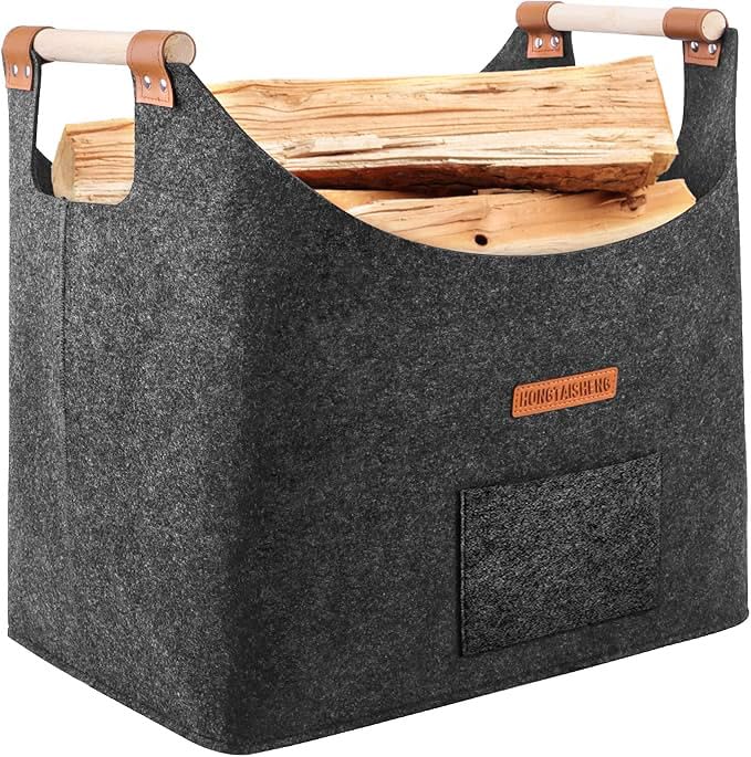 XL Brennholzkorb Filzkorb extra dicker Filz und verstärkter Griff | Faltbarer Holzkorb Filztasche als Aufbewahrungskorb für Einkauf, Holz, Zeitung oder Brennholz (Dunkelgrau)