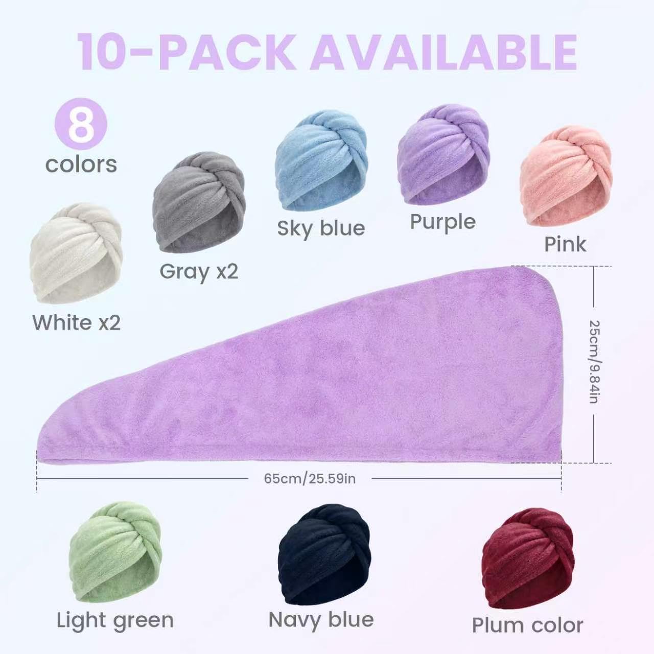 10-Pack Microfibre Hair Towel Wrap Turban Set | Ultra-Absorbent Quick-Dry Hair Drying Towels for Curly & Long Hair | Soft Anti-Frizz Elastic Strap Hair Care Accessories for Women & Girls image 2