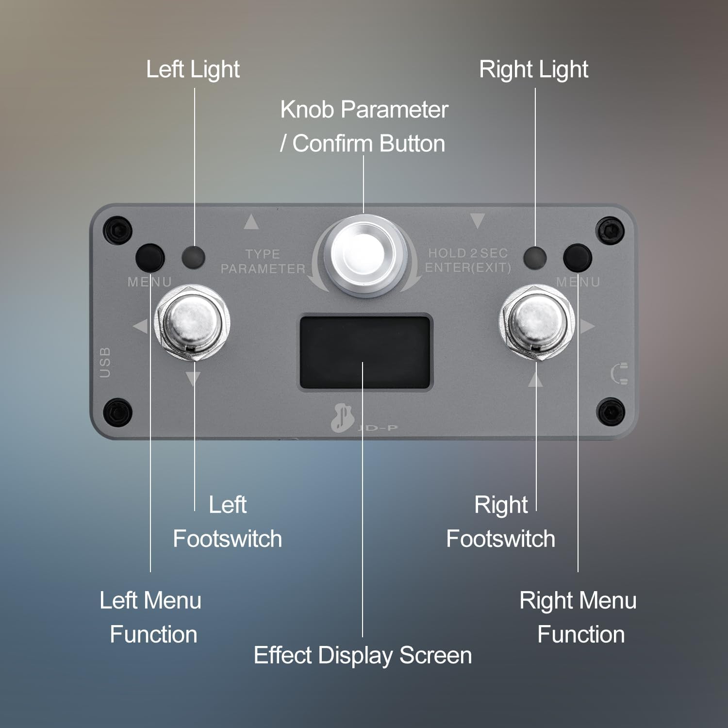 JD-P Multi-Effects Guitar Pedal Rechargeable with 15 Effects and 16 User Presets Modes True Bypass (Grey)