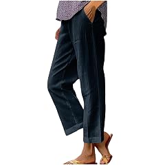 Womens Linen Pants Summer Flowy Beach Lounge Wide Leg Pant Plus Size Elastic Waisted Palazzo Trousers with Pockets