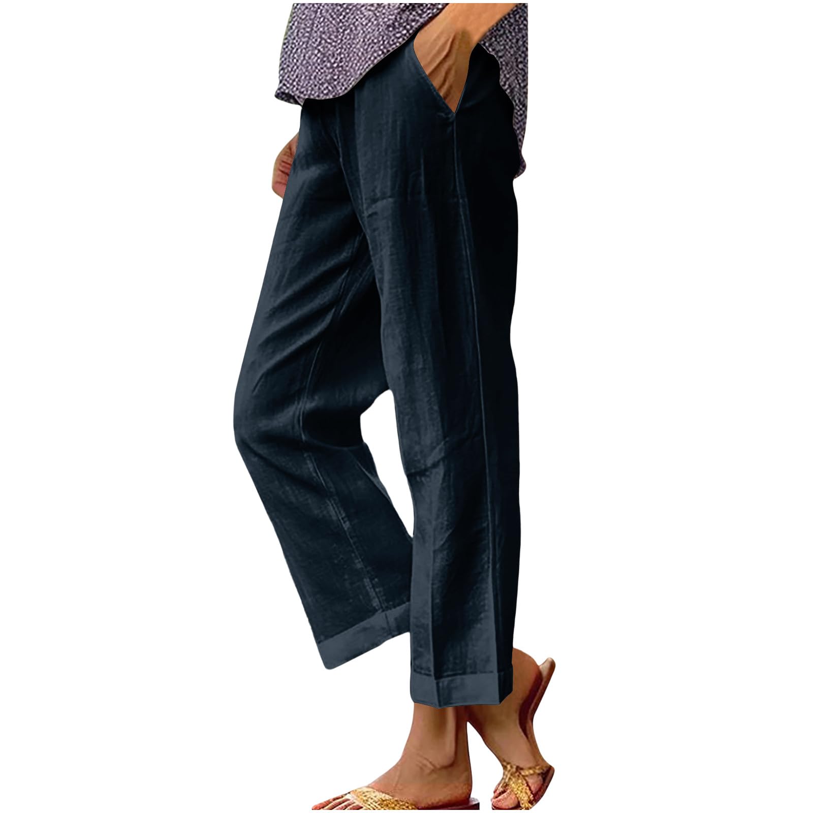 Womens Linen Pants Summer Flowy Beach Lounge Wide Leg Pant Plus Size Elastic Waisted Palazzo Trousers with Pockets