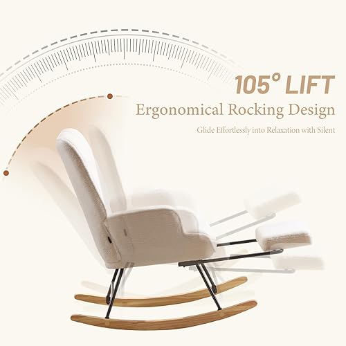 Miniatura 5 de Furniliving Mecedora para cuarto de bebé, moderna silla mecedora tapizada, mecedora con reposapiés retráctil, silla de lectura con respaldo alto,