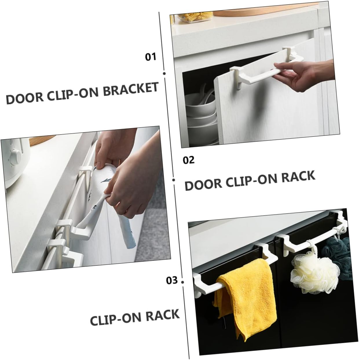 3pcs Clip-On Cabinet Door Towel Rack Sturdy Plastic Storage Organizer Space-Saving Holder for Kitchen and Bathroom Towels