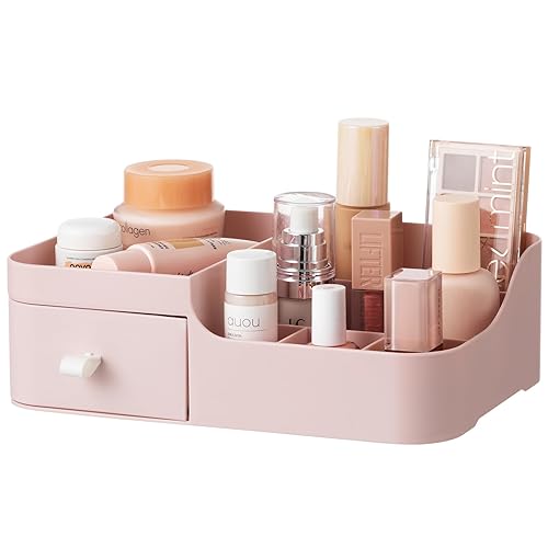 HBlife Organizador de maquillaje de plástico para tocador con 2 cajones, organizadores grandes para el cuidado de la piel, 8 compartimentos,