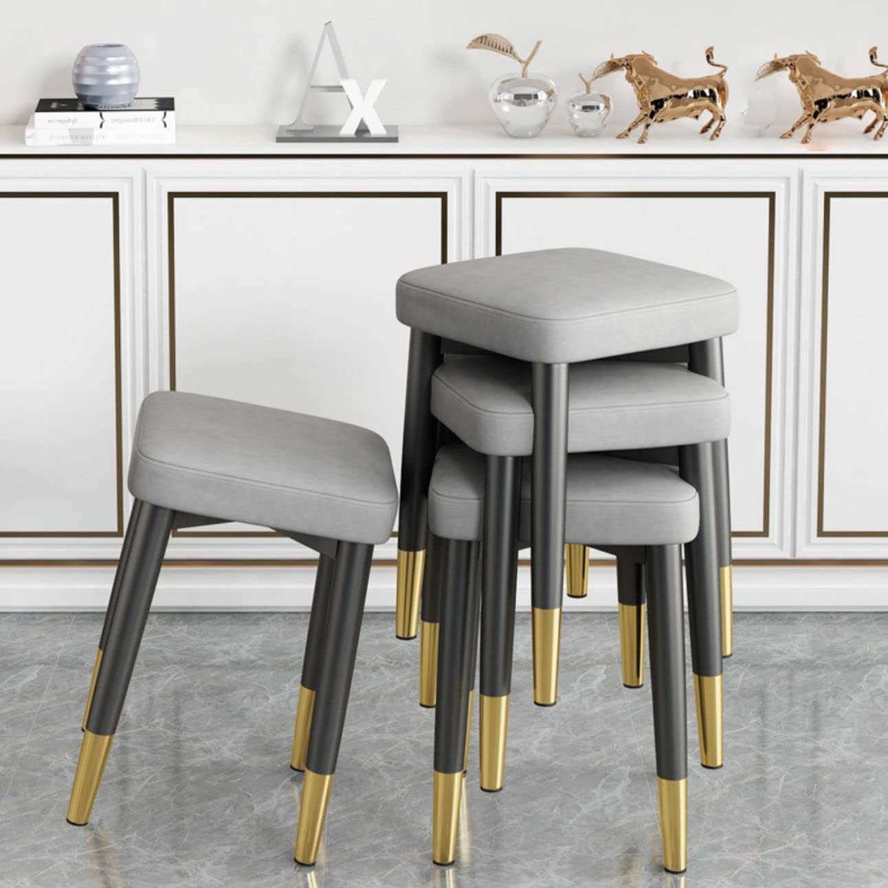 Balama Tabouret en métal noir, gris et doré, empilable, rembourré, 45 x 31 x 31 cm, avec patins réglables et cuir synthétique robuste