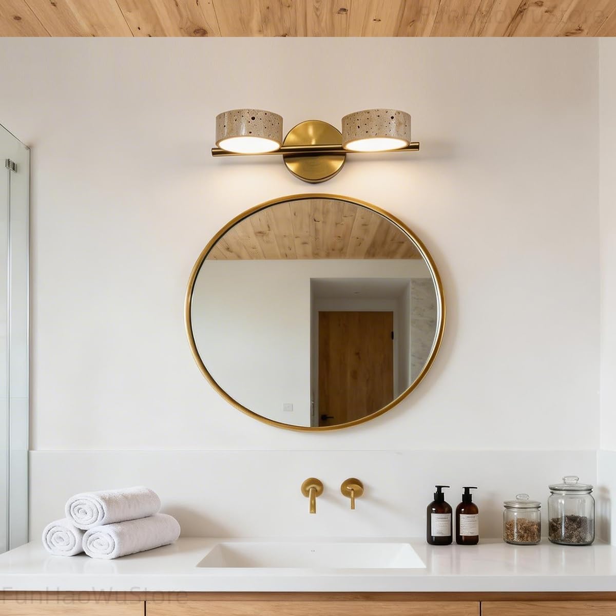 Led Bathroom Lighting Fixtures Over Mirror with 2 Travertine Shades,Vanity Lights Wall Lamp, 180° Rotatable Stone Lampshades Bathroom Lights, Modern Farmhouse Stone Sconces