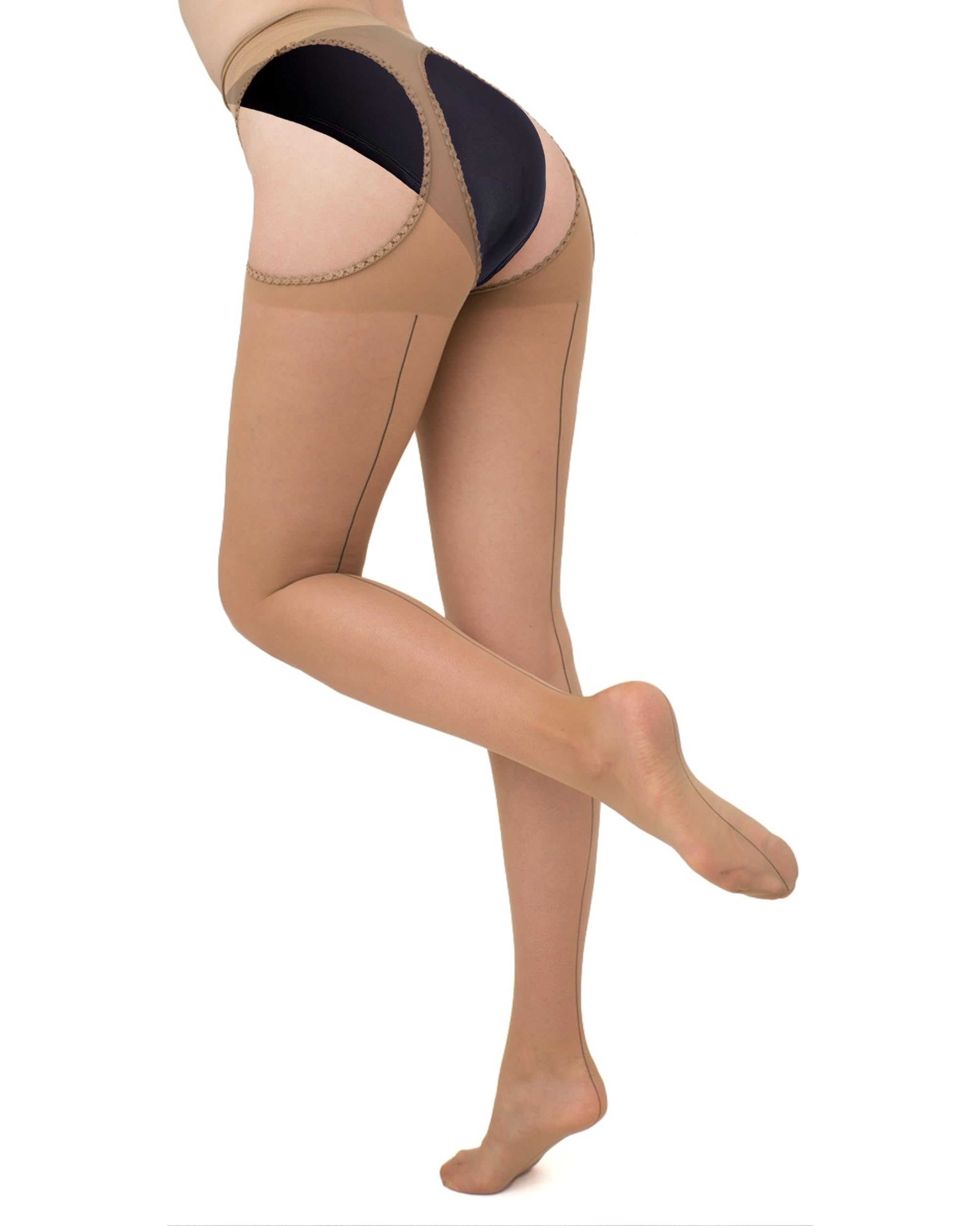 Couture Women's Natural / Black Seam Suspender Tights For - Crotchless Mock Suspender Sexy Open Crotch Seamed Tights Stockings - Medium - Natural/Black Seam
