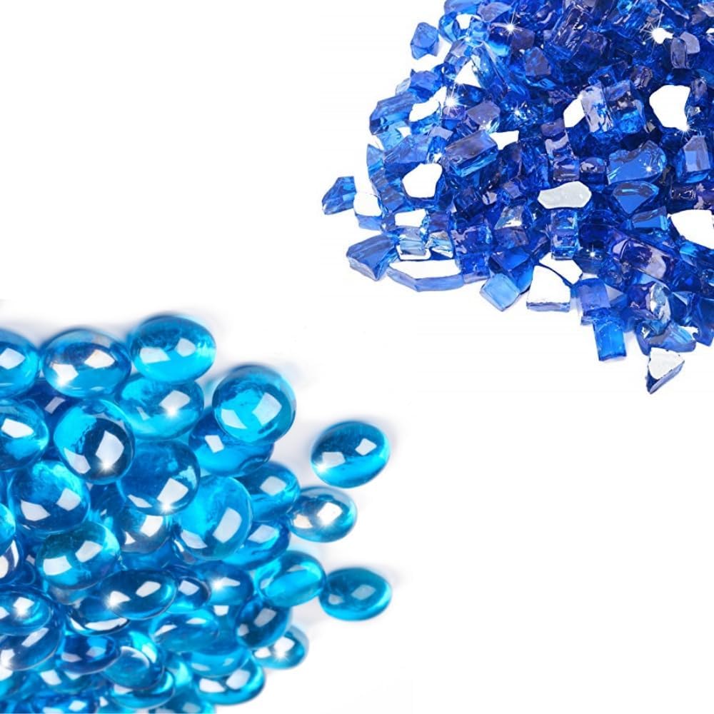 GASPRO10 lbs 3/4 Inch Caribbean Blue Fire Pit Glass and 10 lbs 1/2-Inch Cobalt Blue Fire Glass