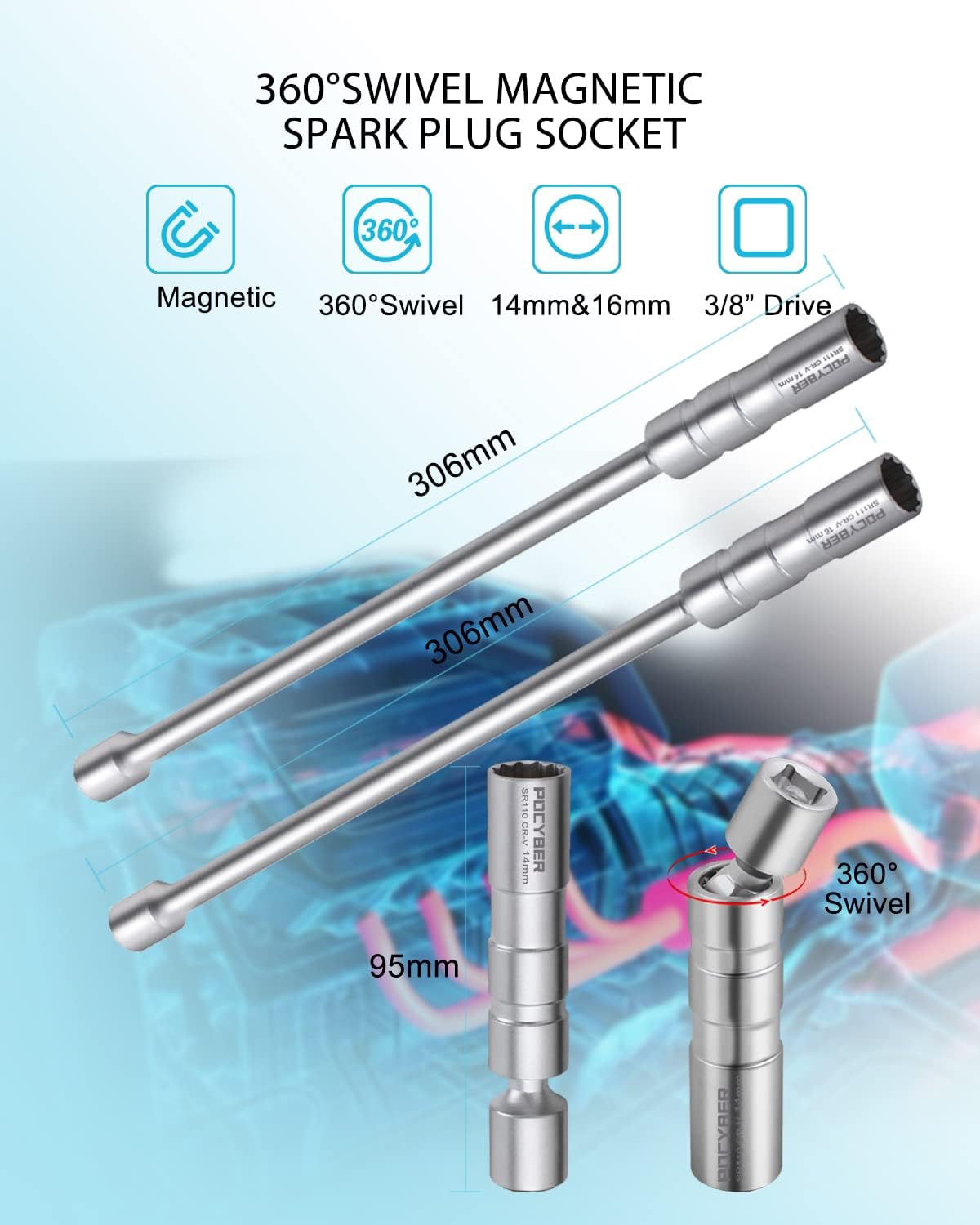 14mm 16mm Pack of 4 Swivel Spark Plug Socket 3/8" Drive Enhanced Magnetic 12 Point 5/8" 9/16" Thin Wall Socket Spark Plug Removal Tool Cr-v Steel