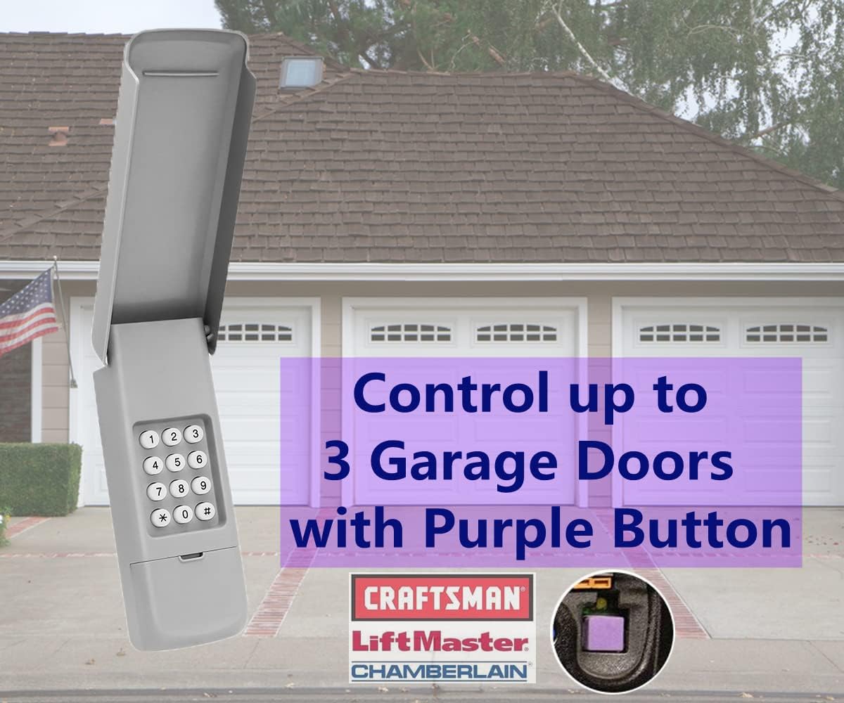 Image showing the Acvoce keypad in front of a garage, with text indicating it can control up to 3 garage doors with a purple learn button.