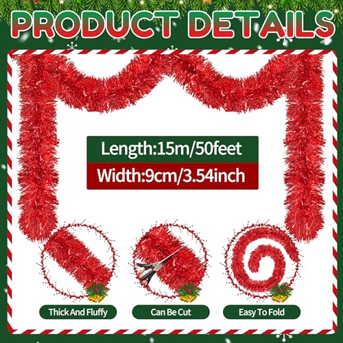 Image of 50 Ft Christmas Tinsel Garland Red Thick Tinsel Garland Xmas Tree Decorations Metallic Tinsel Twist Garland for Christmas, Birthday, Party Decor Indoor Outdoor Party Supplies