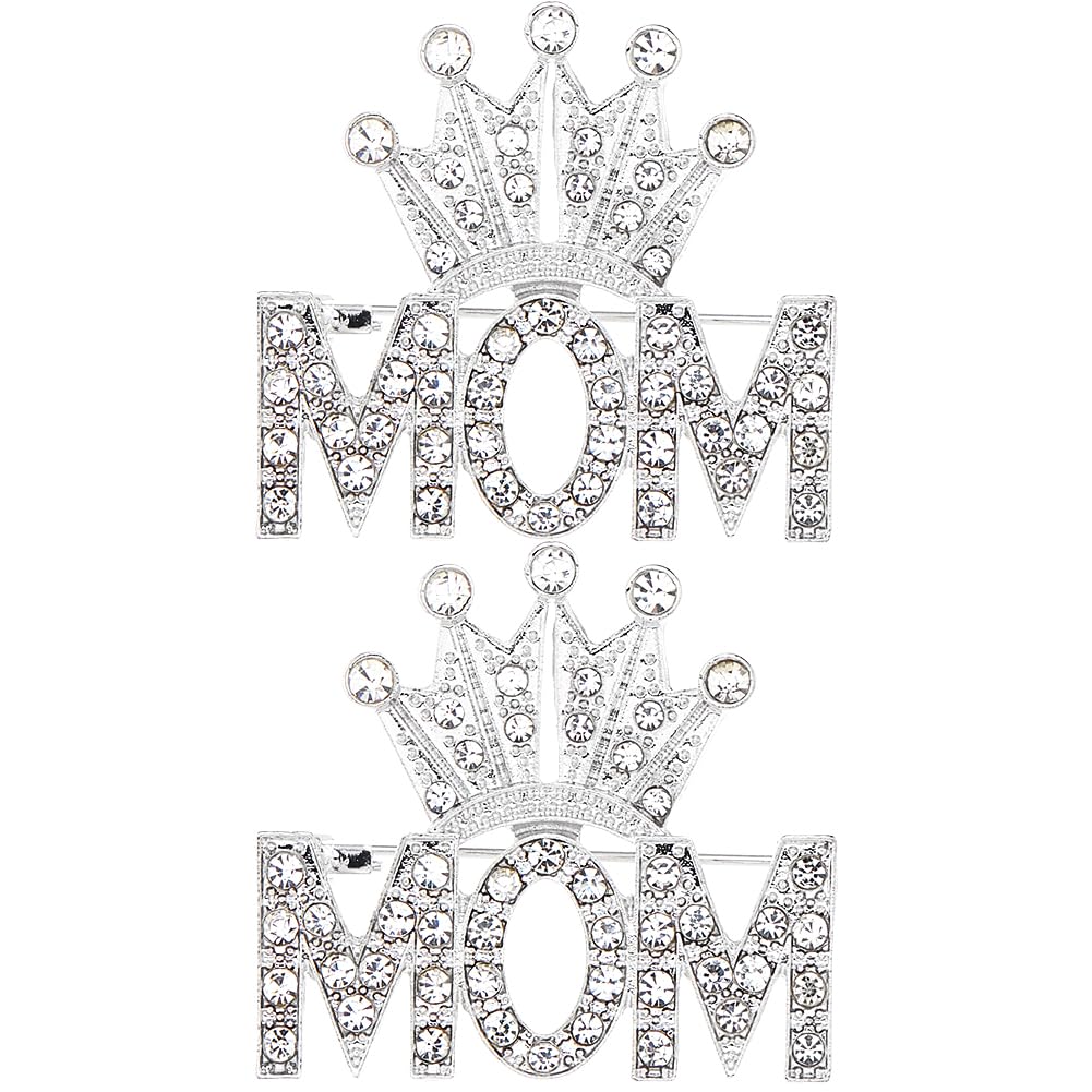 SUPERFINDINGS 2Pcs Mom Rhinestone Brooches Mother's Day Pin Brooch Crown Rhinestones Brooches Pins Silver Crown with Mom Brooch Pin Initial Letter