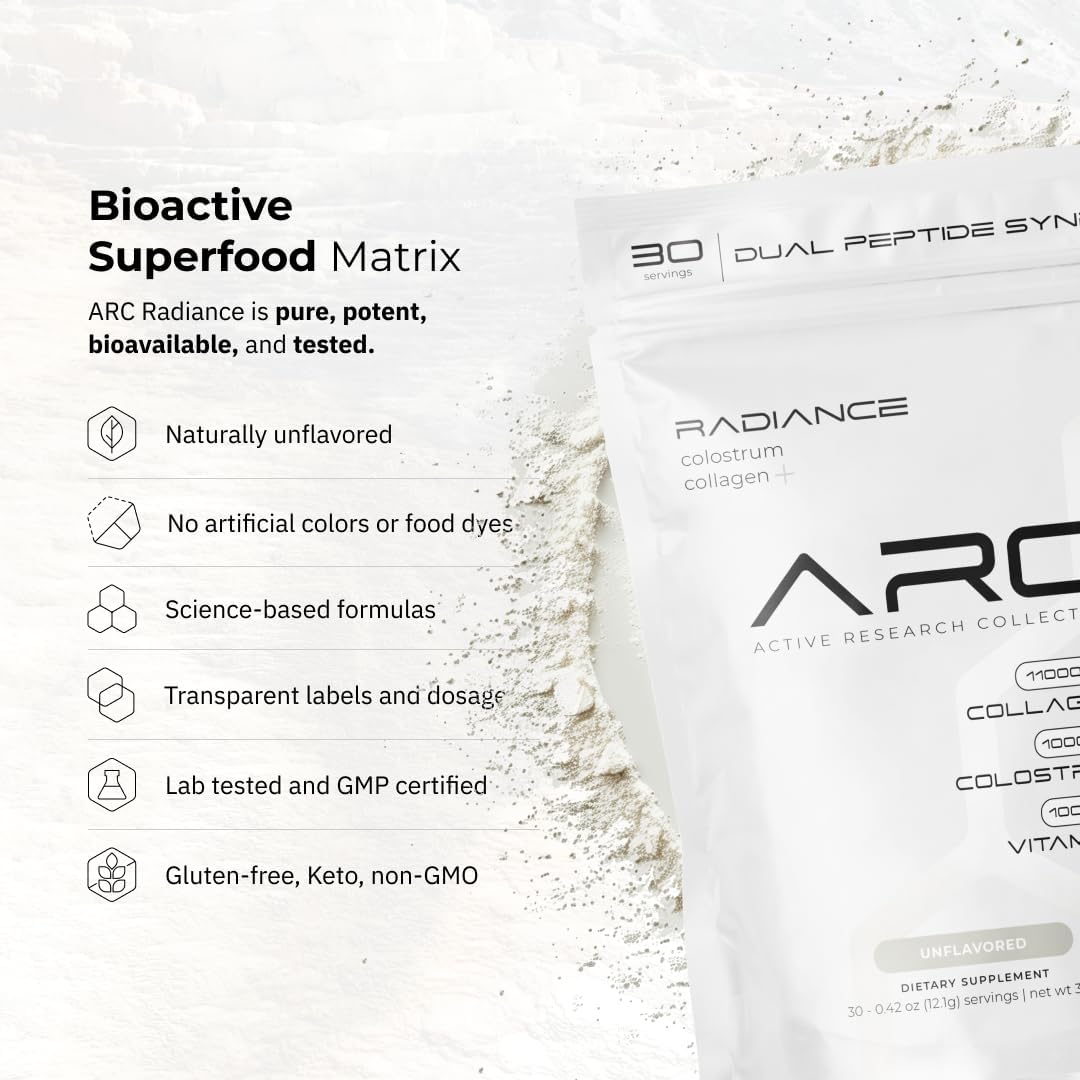ARC Radiance Collagen & Colostrum Powder – Supports Youthful Skin, Strong Joints & Gut Health – Grass-Fed Type I & III Collagen – Boost Immunity & Recovery – Keto, Gluten-Free, Unflavored, 30 Servings