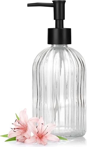 Miniatura 18 de Dispensador de jabón de vidrio de 13.5 onzas con bomba de plástico, dispensador de jabón de manos recargable con diseño de diamante para lavado