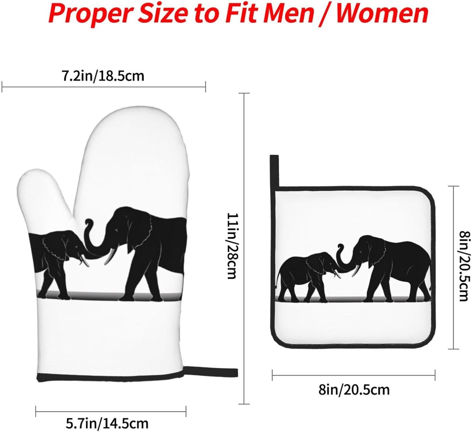 (Old Elephant and Young Elephant) Baking 4-Piece Set: 2 Oven Mitts and 2 Pot Holders Heat Resistant Waterproof Hanging Loop for Kitchen Oven Grill Housewarming Gifts