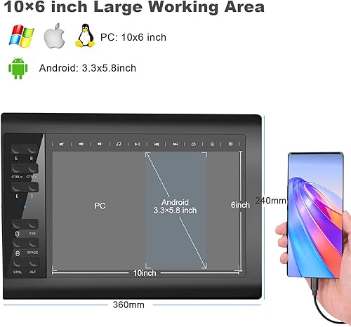 Miniatura 2 de TEROW Graphics Drawing Tablets, 10 x 6 inch Graphics Writing Tablet with Portable Bag and 8192 Levels Battery-Free for PCMacAndroid 5.0 and Above