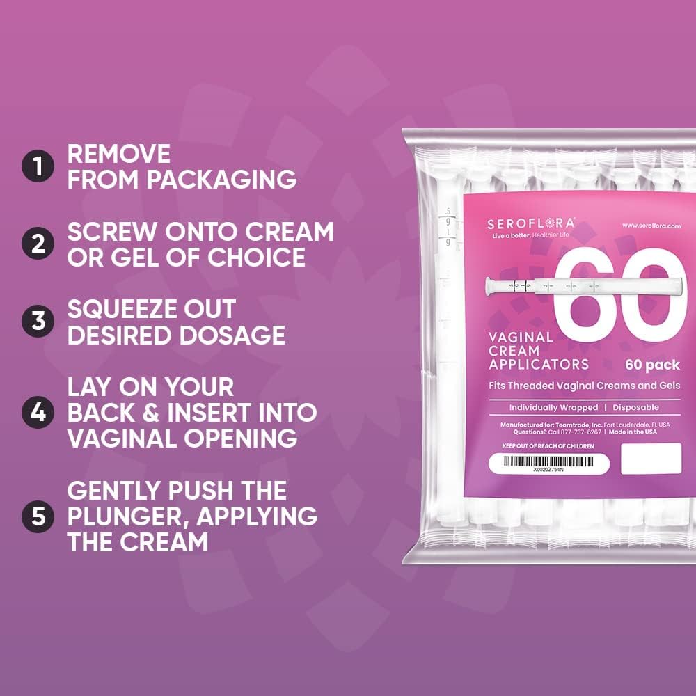 Seroflora Disposable Vaginal Cream Applicators - Fits Preseed, Premarin, Estrace, and Most OTC Gels, Lubricants, and Creams - Threaded End, Comfort Tip, and Dosage Markings (60 Pack) Made in USA.
