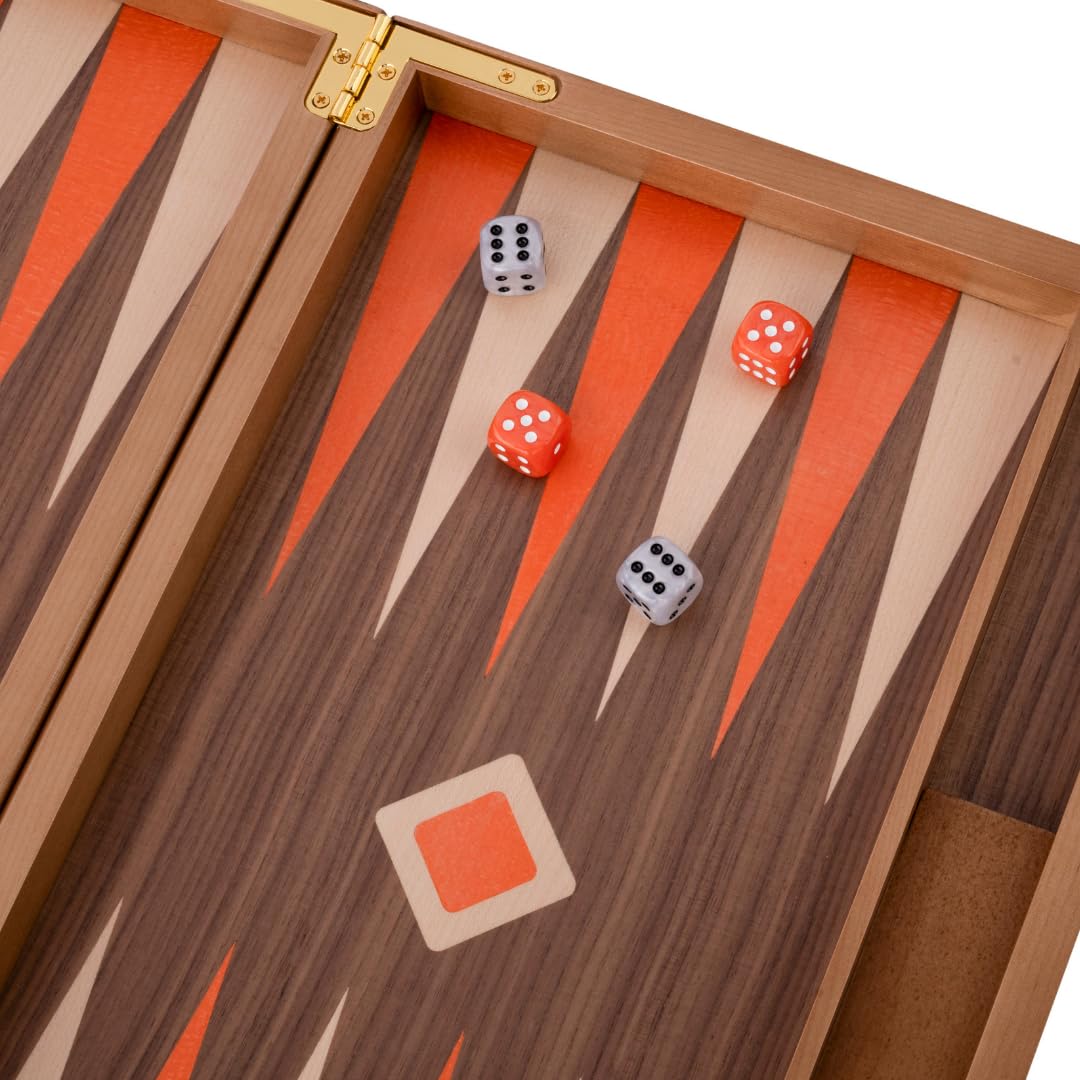 Engelhart-250548 – Backgammon in Legno 15 Pollici (38 cm) Valigetta di Lusso in Radica con Intarsi in Noce – Aperto 48 × 38 cm – Pedine Arancio/Bianco – Dadi e Bicchieri – Gioco di Strategia