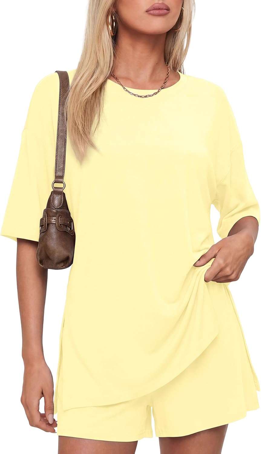 Darong Women's 2 Piece Lounge Set Short Sleeve Boxy T-shirt & Shorts Comfywear Summer Pajama Set Loungewear Set