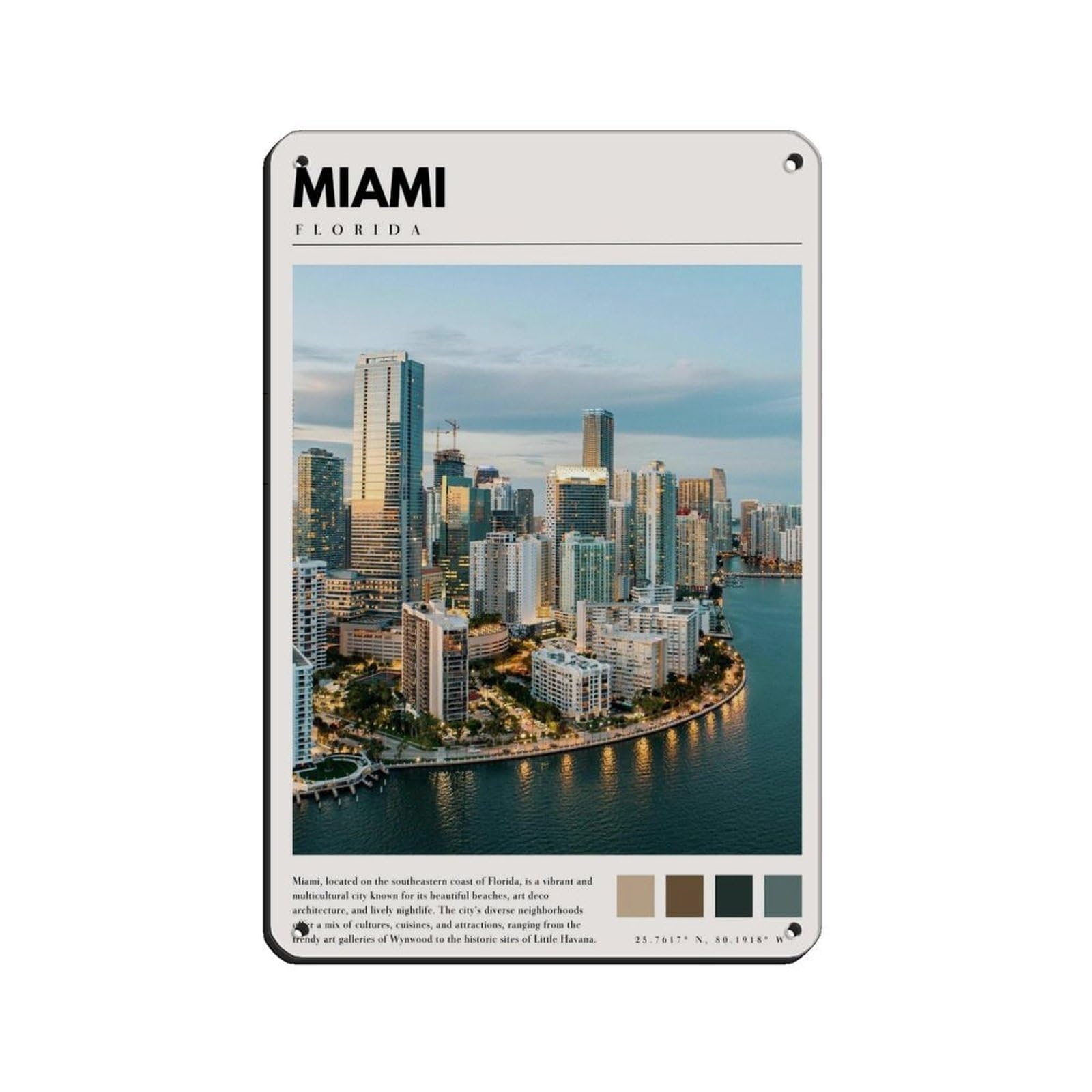 Miami Florida Poster Miami Art Tin Sign Vintage Metal Pub Club Cafe Bar Home Wall Art Decoration Poster Retro 8x12inch(20x30cm)