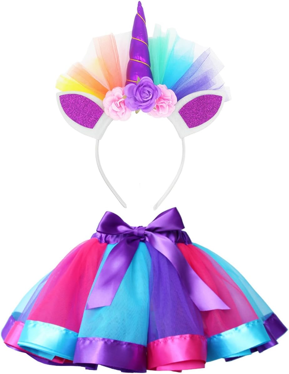Little Girls Layered Rainbow Tutu Skirts with Unicorn Horn Headband