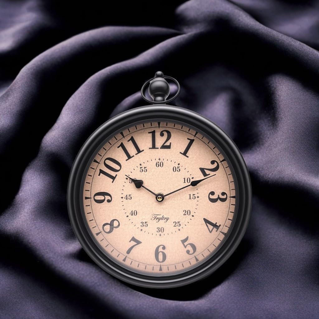 Retro Round Wall Clock Metal Vintage Antique Wall Clocks Battery Operated Old Design Style for Kitchen, Living Room or Office Black Round