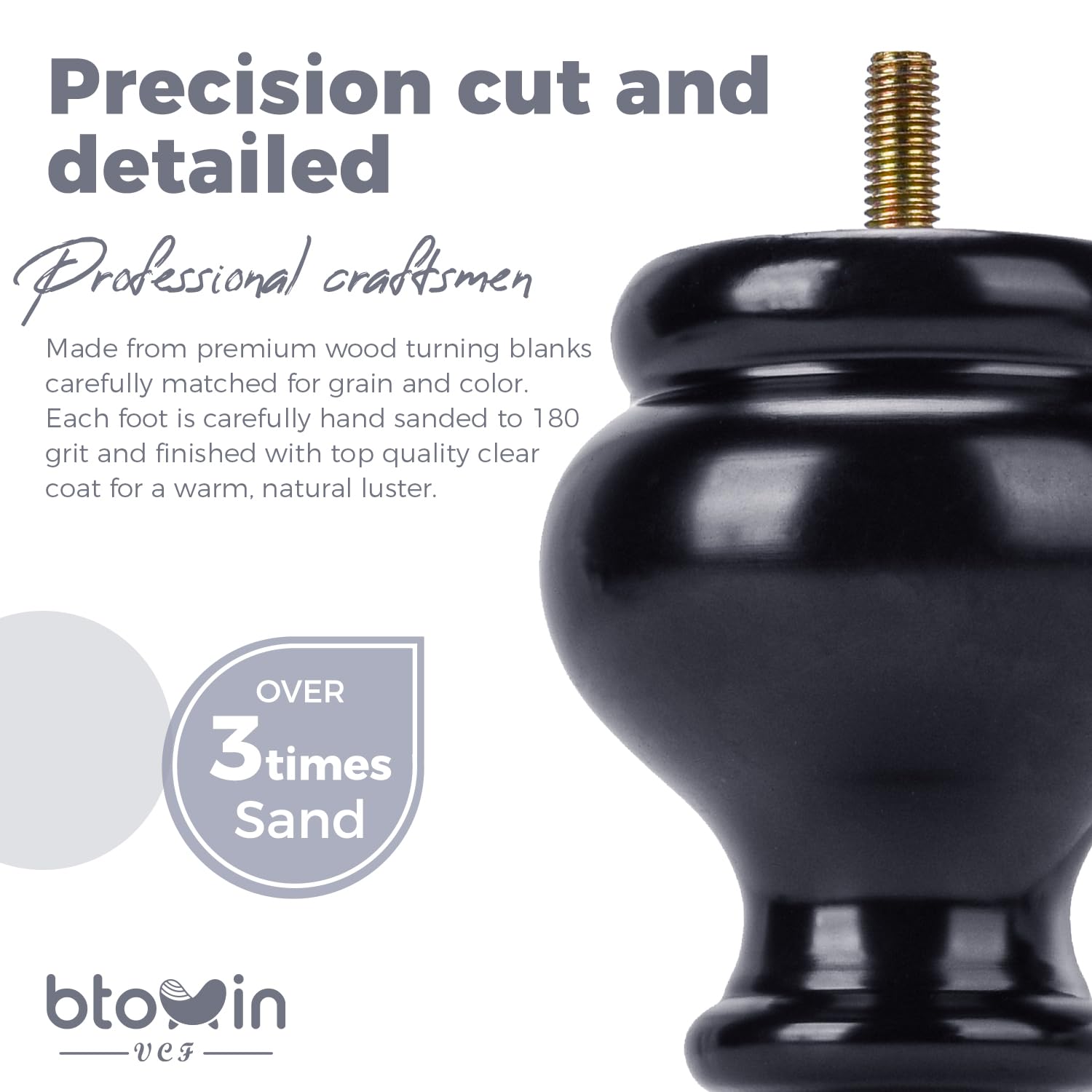 Btowin 5.2 Inch / 13cm Solid Wood Furniture Legs,4Pcs Sofa Legs Wooden Bun Feet with Threaded M8 Hanger Bolts &Mounting Plate &Screws for Sofa Cabinet Ottoman Armchair,Black - Image 3