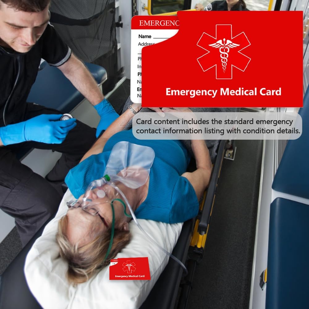 100 Pack Emergency ID Cards with Protective Sleeves Wallet Size Emergency Contact Cards Personal Information Cards for Caretakers and Family (Red)