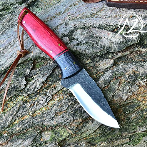 Zeasna Ze-Hk-51 Handmade Carbon Steel Hunting Knife With Leather Sheath Outdoor Full Tang Fixed Blade Bushcraft Knife, Survival Knife For Hunting Camping Skinning With Wood Handle (Red) #TOP3