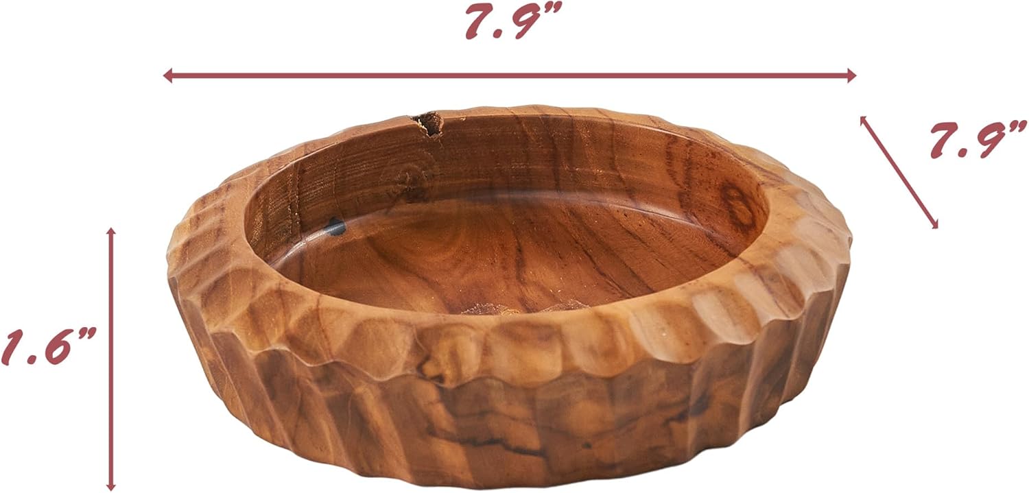 Teak Handcrafted Wooden Bowls Natural Wood Round Utility Bowl 7.9" W Handmade Rustic Serving Platter Fruit Snack Holder for Entry Table Vintage Artworks Dining Room Home Décor