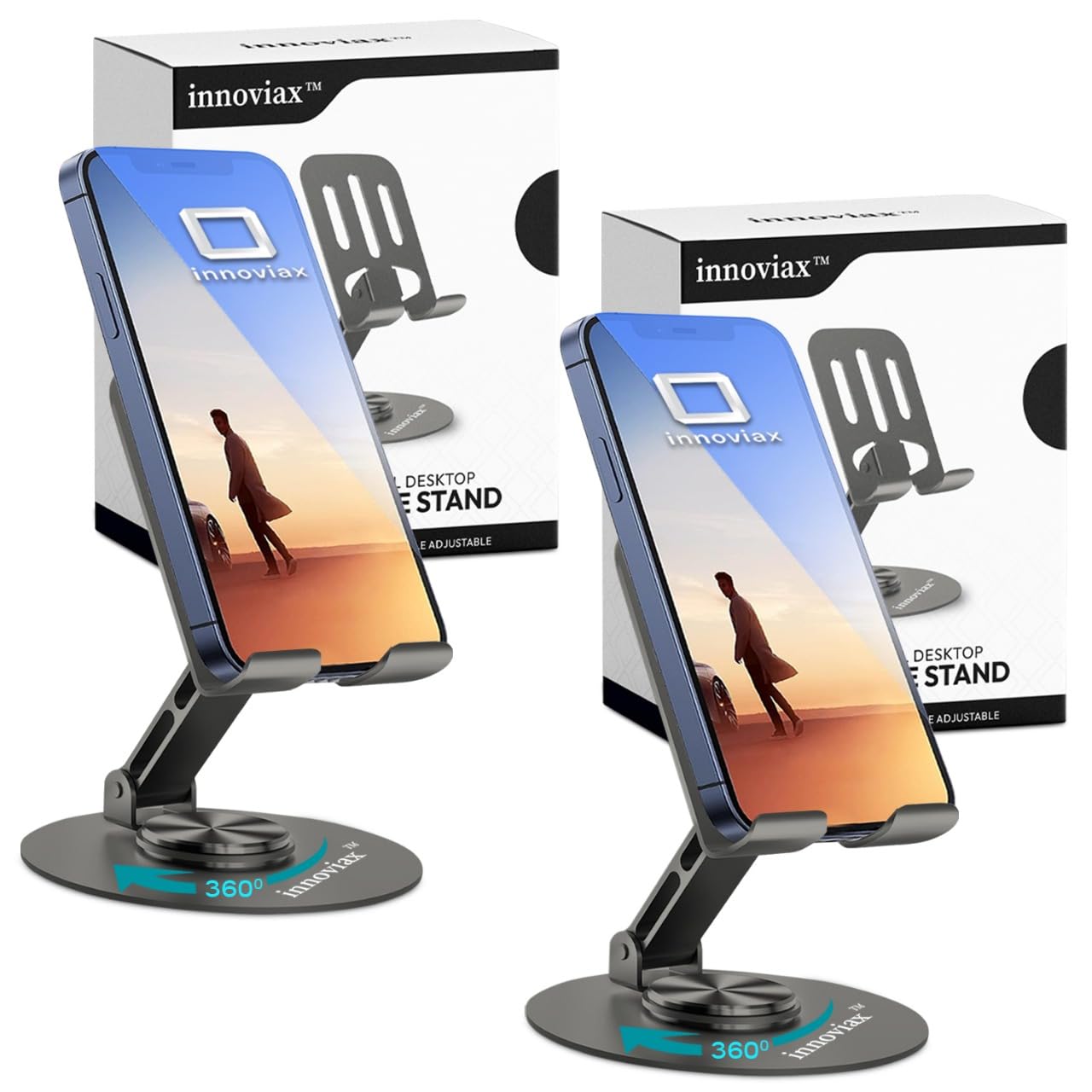 2 soportes para teléfono celular, rotación de 360 grados, multiángulo ajustable, metal duradero, compatible con iPhone, smartphones y tabletas Android, color gris