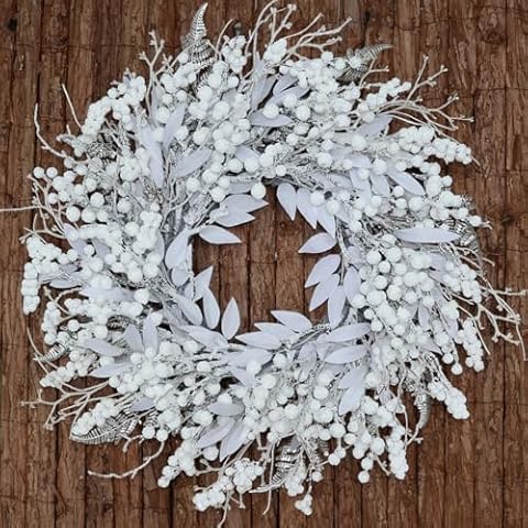 BINFEN 24 Inch Snow Flocked White Berry Winter Wreath with Twig & Leave- Artificial Christmas Wreaths for Front Door Porch Wall Window Porch Fireplace Outdoor Decor Cover