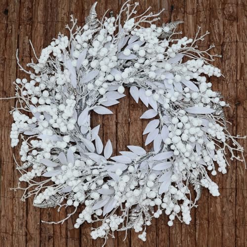 BINFEN 24 Inch Snow Flocked White Berry Winter Wreath with Twig & Leave- Artificial Christmas Wreaths for Front Door Porch Wall Window Porch Fireplace Outdoor Decor