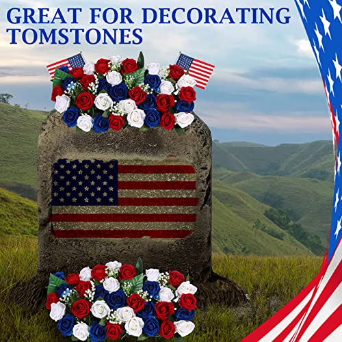 Geosar 52 Pcs 4Th Of July Patriotic Memorial Bouquet Artificial Flowers Cemetery Roses Flowers With American Flags, Headstone Saddle, Red Blue White Blooming Roses Flowers For Memorial Day Decoration #TOP1