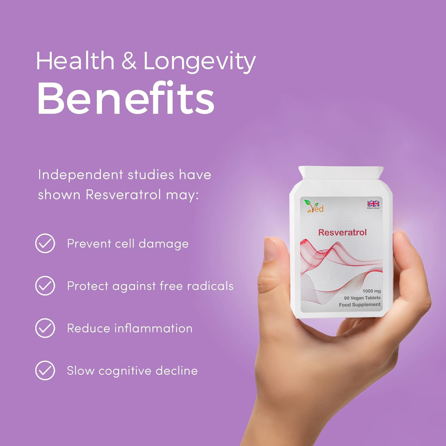 Ved Anti-âge, santé cardiaque, soutien immunitaire | Supplément antioxydant | Comprimés de resvératrol | 1000 mg x 90 comprimés ((paquet de 2)