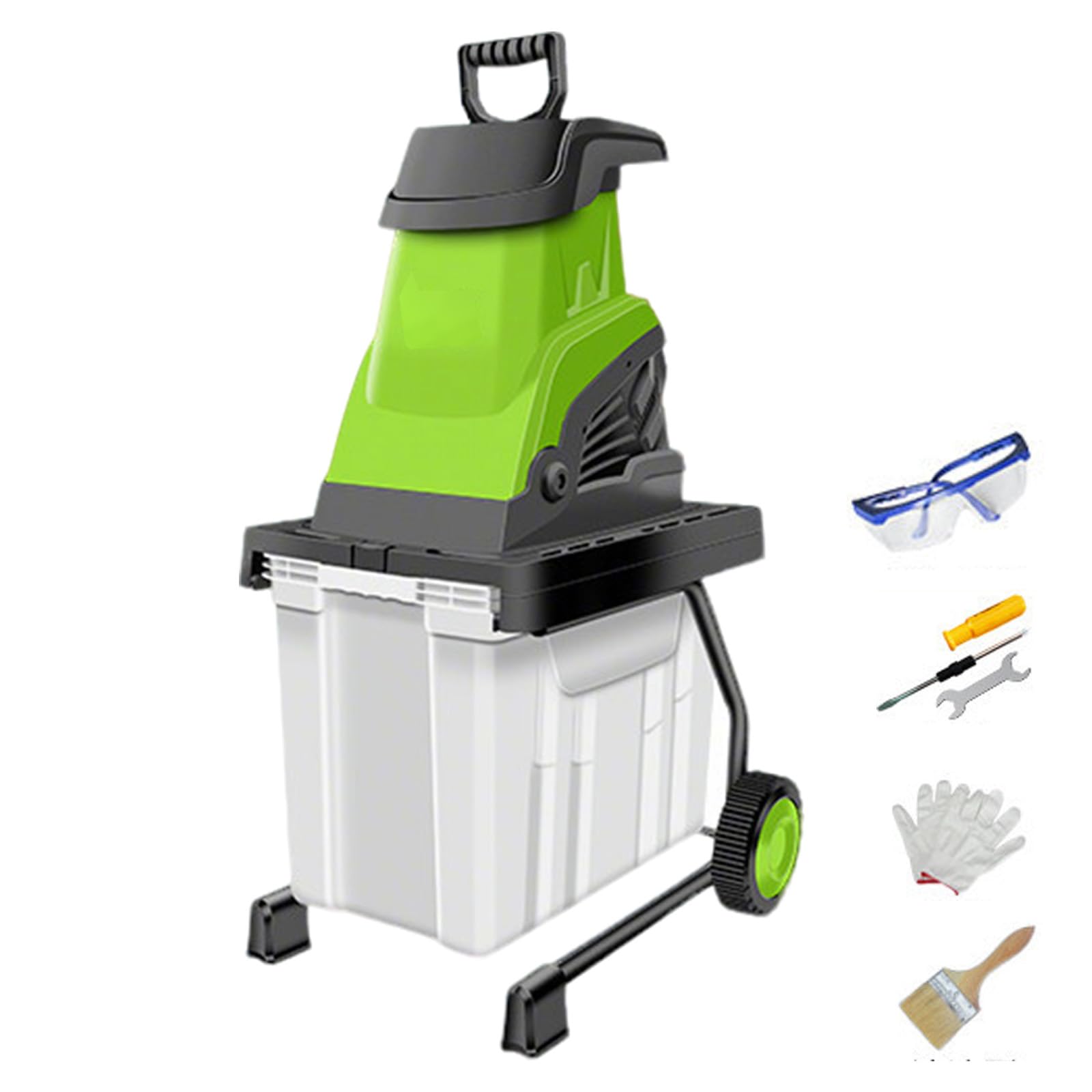 Trituradora eléctrica de jardín de 2800 W con ruedas y caja de recolección, 45 mm de ancho de astillado, 4500 RPM, ideal para residuos de patio y limpieza de jardín