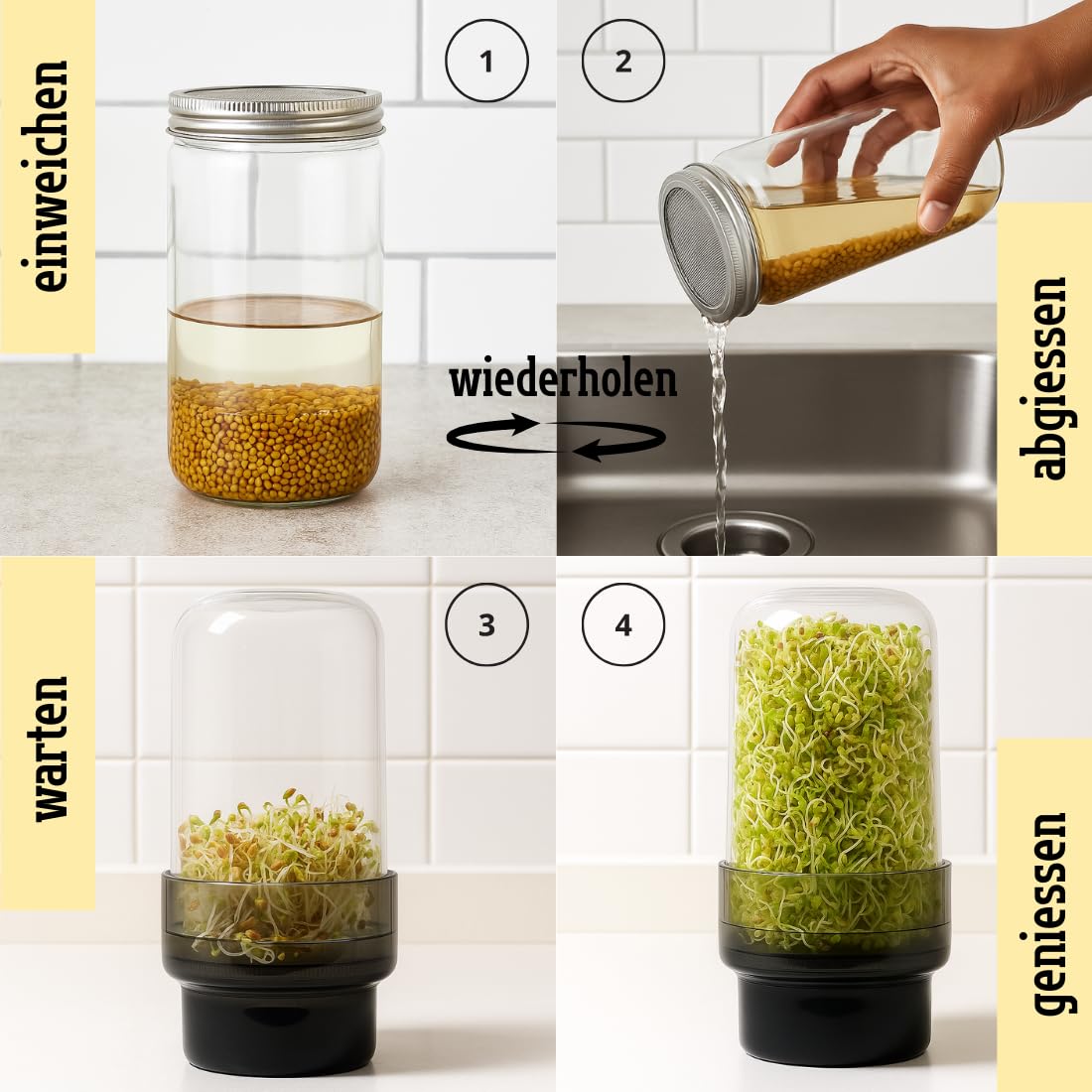 Design Sprossenglas 750ml - 4er Sprossen Anzuchtset-Keimglas für Sprossen aus Glas mit Edelstahldeckel/Sieb, Anzuchtset inkl. Spülbürste. (Sprossenglas 4er Set, 4.0, stück)