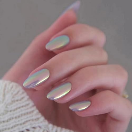Uñas postizas ovaladas a presión aurora en polvo dorado, uñas acrílicas brillantes de cobertura completa con diseños, uñas adhesivas medianas