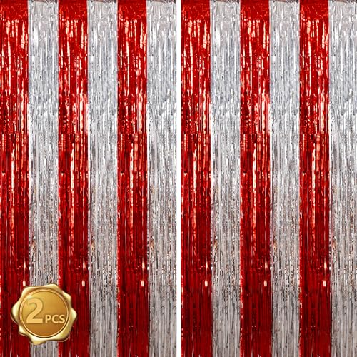 Image of BEISHIDA Red Silver Door Streamers Backdrop Foil Fringe Tinsel Party Streamers Curtains Photo Backdrop - 2Pcs for Valentine's Day Birthday Graduation Christmas Party Decoations